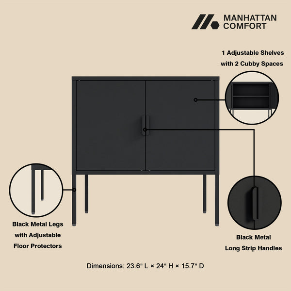 English Elm Ava 24" Metal Accent Cabinet in Black – Slim Steel Storage with Adjustable Shelf, Modern Minimalist Design B365P397879