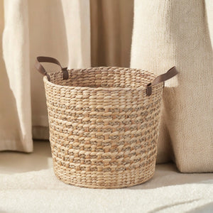 English Elm Water Hyacinth Woven Round 16" Multi-Use Storage Basket — Breathable, Spacious, Natural Brown Decor Organizer B093P295024