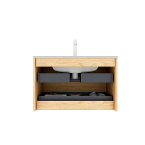English Elm BRON 30" Bathroom Vanity with Ceramic Sink, Corolla Oak Grain Floating Wall-Mount Cabinet, Soft-Close Drawers W2615P264554