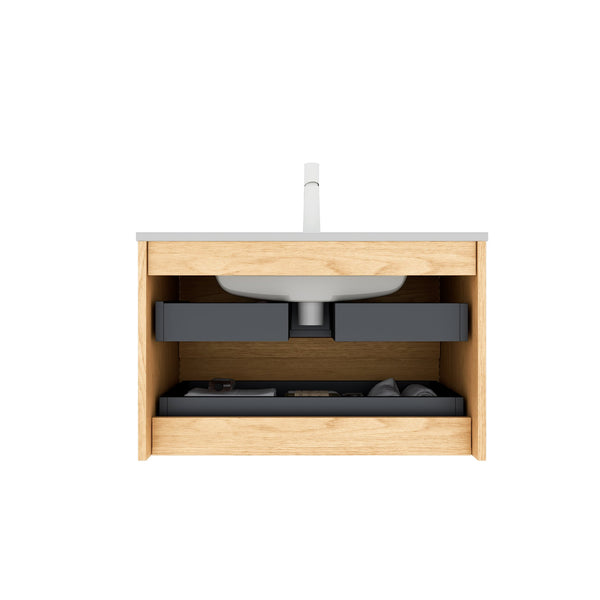 English Elm BRON 30" Bathroom Vanity with Ceramic Sink, Corolla Oak Grain Floating Wall-Mount Cabinet, Soft-Close Drawers W2615P264554