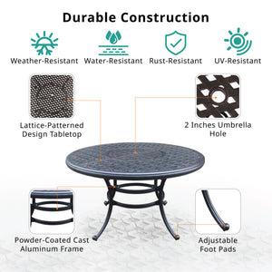 English Elm Round Round Dining Table Dark Lava Bronze 52" Aluminum Lattice Patio Table with Umbrella Hole, Sturdy ABQ-AHF-LD1031A-52