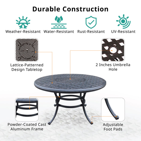 English Elm Round Round Dining Table Dark Lava Bronze 52" Aluminum Lattice Patio Table with Umbrella Hole, Sturdy ABQ-AHF-LD1031A-52