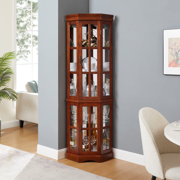 English Elm Corner Curio Cabinet with 5 Shelves and Built-In Lighting, Glass Display Case for Home Décor and Collectibles, Space-Saving Corner Accent (47x21x10.75) Walnut W1693P183978