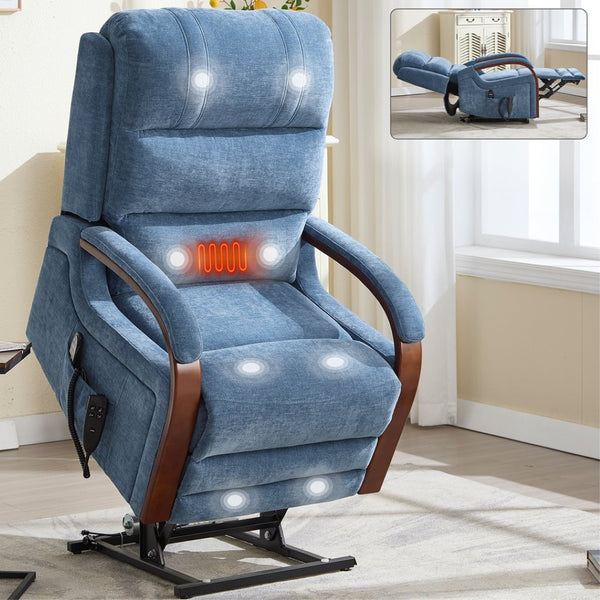 English Elm Power Lift Recliner Chair Chenille Upholstery Dual Motor Heat Massage Solid Wood Arms Blue W1803S00067
