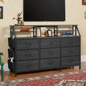 English Elm 55''W Modern Dresser with 9 Fabric Drawers & 2 Open Shelves — Sturdy Wood‑Metal Chest, Anti‑Tip Stability Black T3950P402193