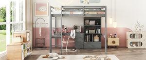 English Elm Full Size Loft Bed With Desk, Storage Solutions, Built-In Ladder & Guardrails For Safe Use In Grey W504S00160