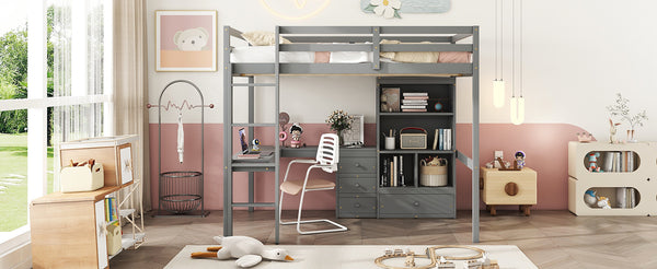 English Elm Full Size Loft Bed With Desk, Storage Solutions, Built-In Ladder & Guardrails For Safe Use In Grey W504S00160