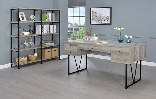 English Elm 1pc Rustic Industrial 63-inch 4-Drawer Writing Desk with Open Shelf, Wood Grain Top and Black Metal Legs Driftwood,Gray 74.21 L x 32.28 W x 6.5 H B011P362070