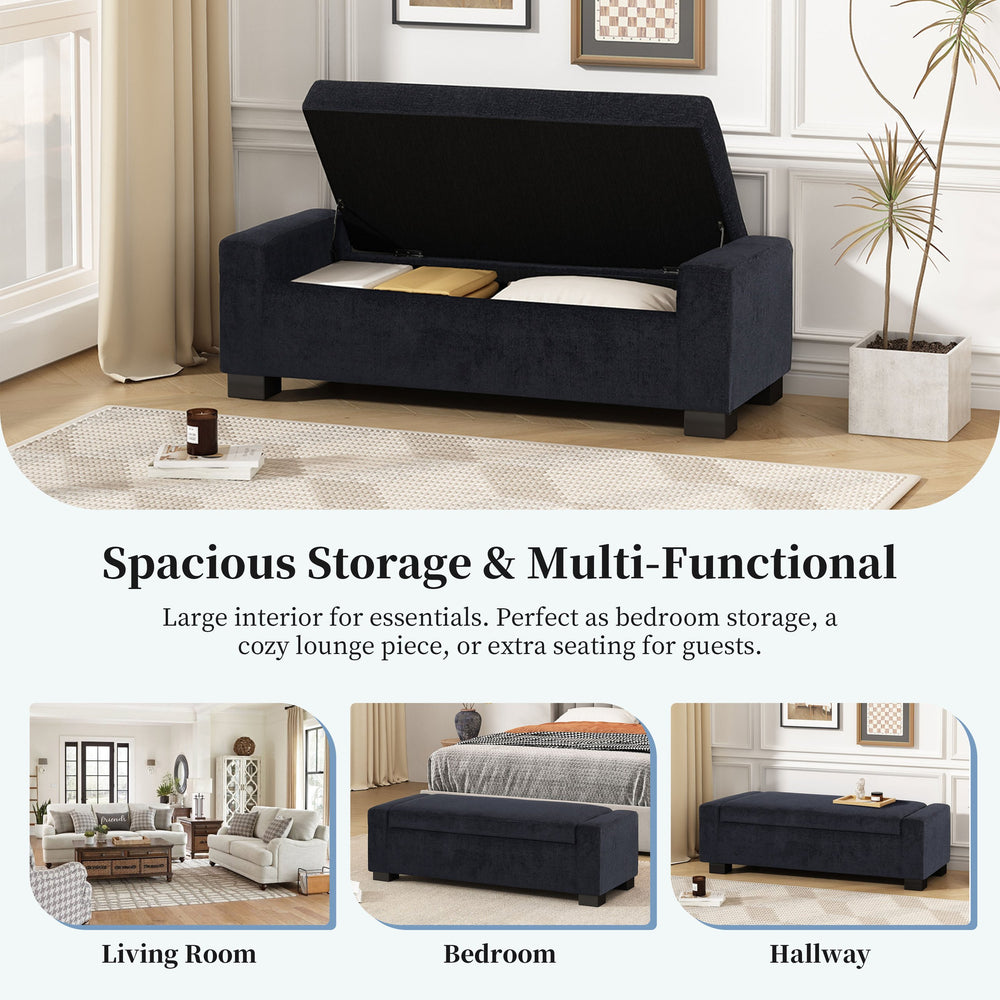 English Elm Christopher Knight Home® - 50" Ottoman Bench Upholstered in Textured Fabric with Hinged Flip-Lid, Birch Legs, Hidden Storage Dark Blue 74862.00DBLUTEX