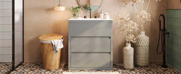 English Elm Christopher Knight Home® - 30" Bathroom Vanity with Ceramic Sink, 2 Soft-Close Full-Extension Drawers, Handle-Free 45° Design, Durable MDF Gray N817P280549G