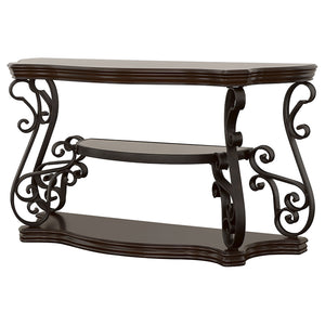 English Elm Gretta Merlot console table with bronze scrollwork legs, polished wood shelves, elegant hallway focal piece B062P333395