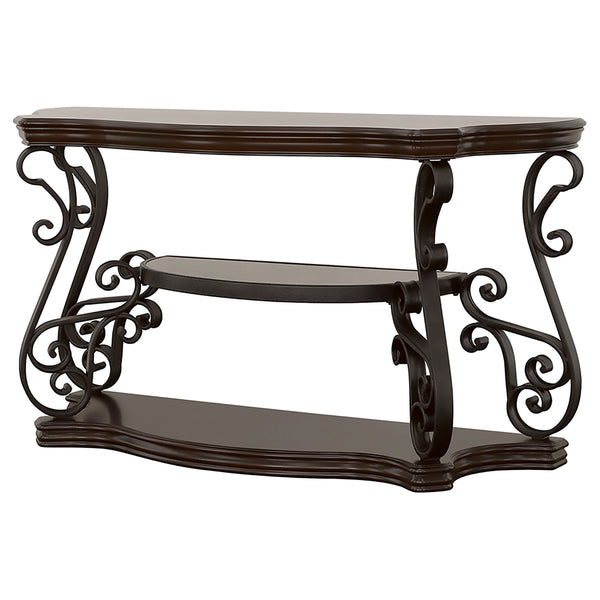 English Elm Gretta Merlot console table with bronze scrollwork legs, polished wood shelves, elegant hallway focal piece B062P333395