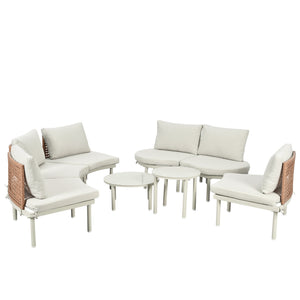 English Elm TOPMAX 8-Piece Patio Sofa Set with Modular Half-Moon Sectionals, Tempered Glass Tables, Cushioned Komfort Beige SP100029AAA