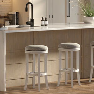 English Elm 31in. Backless Swivel Barstool Solid Wood Curved Legs Upholstered Seat Bar Kitchen White B2751P436425
