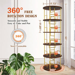 English Elm 5 Tier Rotating Bookshelf Tower with 360° Spin, Space-Saving Corner Display, Modern MDF Storage Unit Golden W3204P354235