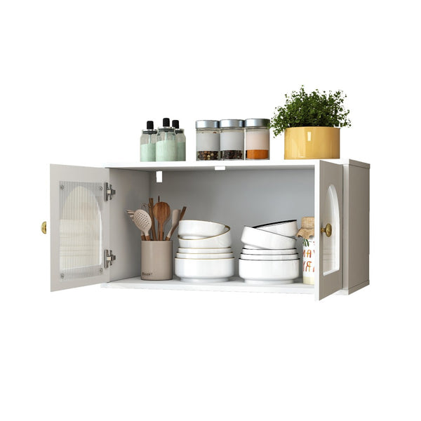 English Elm Wall Mounted Floating Glass Door Display Cabinet for Kitchen Bathroom or Living Room W331P429515