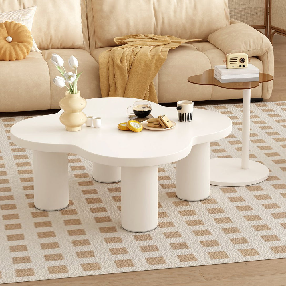 English Elm VIBE Petal-Shaped Modern Coffee Table Set of 2 with Roman Column Legs, Glass Top, Safe Rounded Corners SJ000135AAK