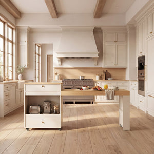 English Elm 78.8'' Fluted Rolling Kitchen Island with Extendable Dining Surface Built-in Power Mdf White B2764S00001