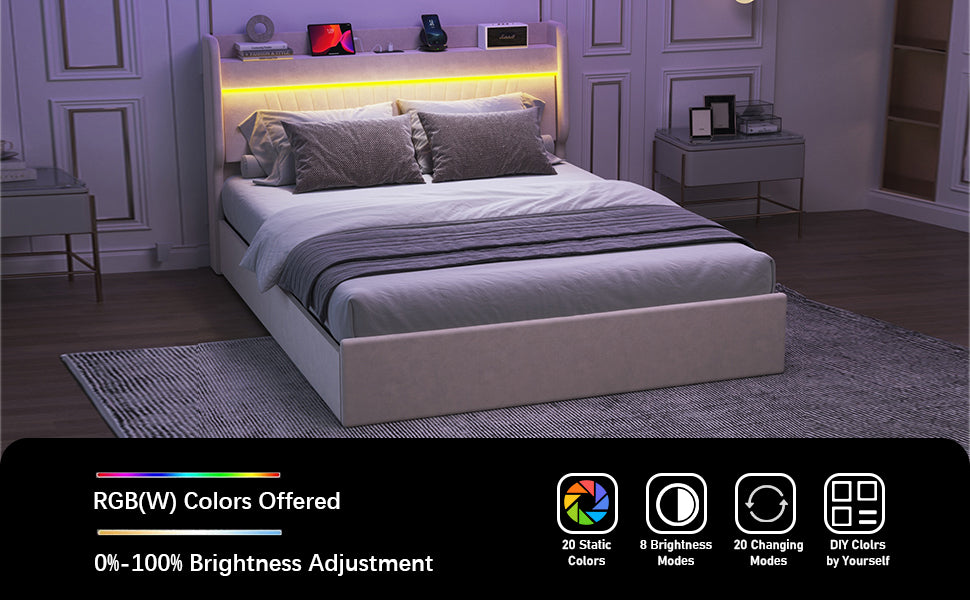 English Elm Queen Velvet Upholstered Bed Frame with USB Charging, Color-Changing LED Lights & 4 Drawer Storage Beige W636S00007