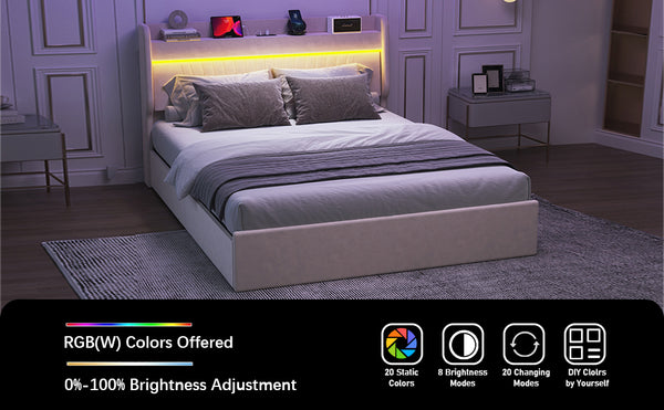 English Elm Queen Velvet Upholstered Bed Frame with USB Charging, Color-Changing LED Lights & 4 Drawer Storage Beige W636S00007
