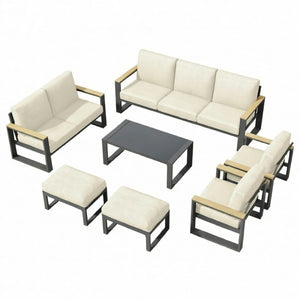 English Elm All-weather 9 Seat Aluminum Patio Conversation Set with Tempered Glass Table Beige+Grey B082S00114
