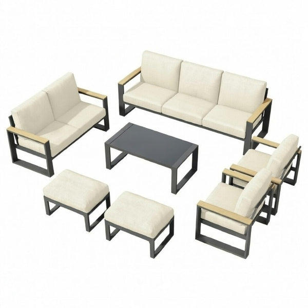 English Elm All-weather 9 Seat Aluminum Patio Conversation Set with Tempered Glass Table Beige+Grey B082S00114