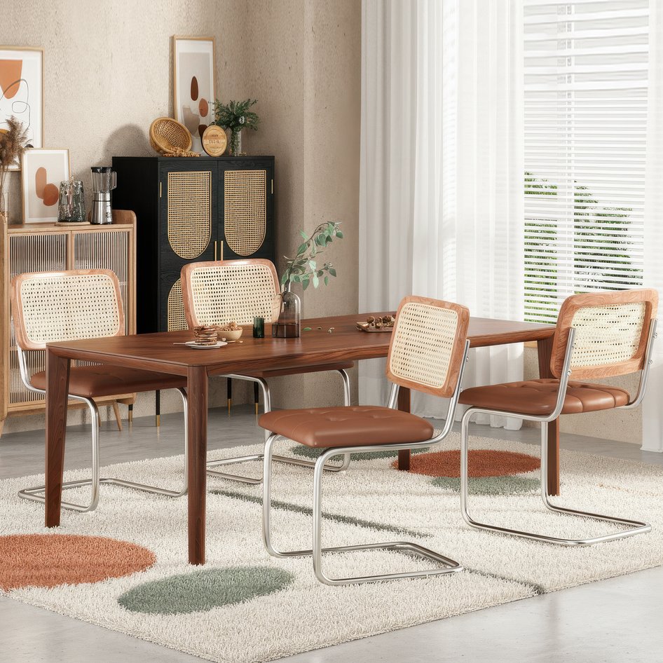 English Elm Kitchen Mid-Century Dining Chairs Set of 2 with Rattan Backrest, Cantilever Aluminum Legs, 300lb Capacity Brown PU T3623P408464