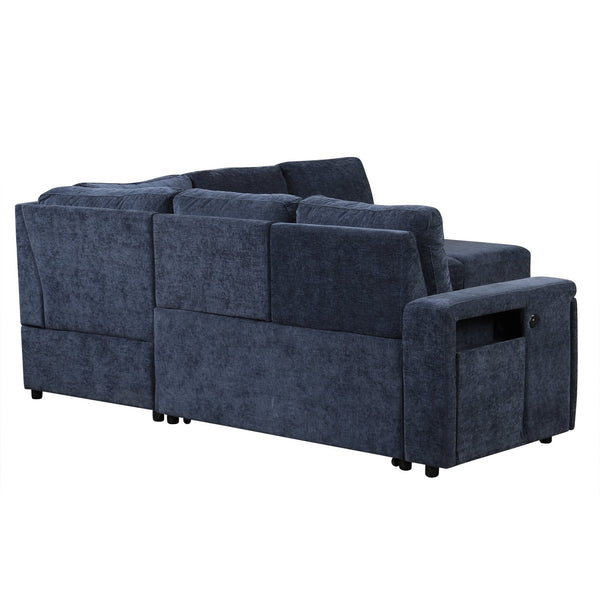 English Elm U_STYLE L-shaped Padded Modular Sofa with Storage, USB Charging, Cup Holders, 6-Seater Comfort and Style Blue WY000390AAC