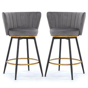 English Elm Counter Mid-Century Swivel Bar Stools Set of 2 — Upholstered Velvet Seats, 360° Comfort, Metal Base Gray W2725P237551