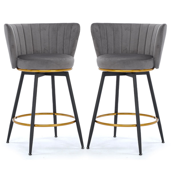 English Elm Counter Mid-Century Swivel Bar Stools Set of 2 — Upholstered Velvet Seats, 360° Comfort, Metal Base Gray W2725P237551