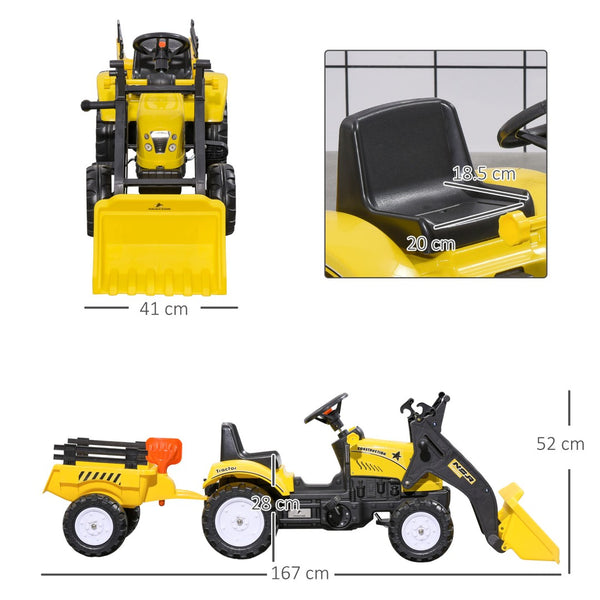 English Elm Aosom Kids Pedal Excavator with Functional Bucket Six Wheels and Detachable Cargo Trailer W2225P249789