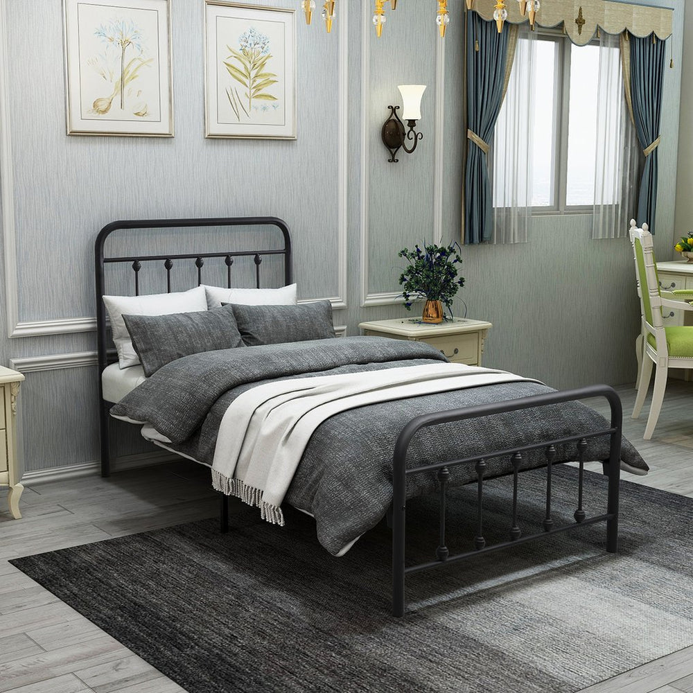 English Elm Metal Victorian Platform Bed Frame Twin Black with Decorative Headboard, Footboard & Under-Storage, No Box Spring Needed W84068777