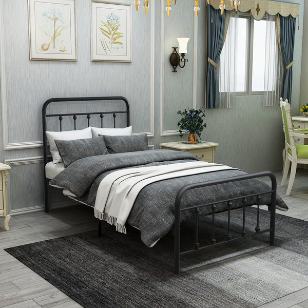 English Elm Metal Victorian Platform Bed Frame Twin Black with Decorative Headboard, Footboard & Under-Storage, No Box Spring Needed W84068777