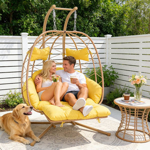 English Elm 2 Person Wicker Hanging Egg Chair with Stand Padded Swing for Patio or Garden T5880P500213