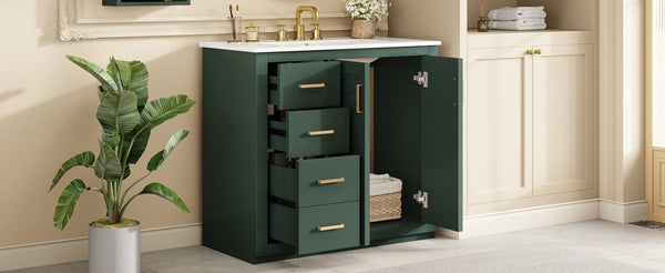 English Elm 36'' Bathroom Vanity with Ceramic Sink Combo, Solid Wood Frame, Soft-Close Drawers and Stylish Retro Groove Design Green N710P291684F