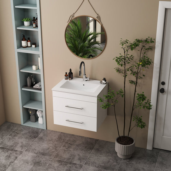 English Elm 24-Inch White Gloss Wall-Mounted Bathroom Vanity With Soft-Close Drawers & Sleek Ceramic Sink W3151S00016