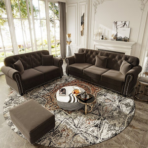 English Elm Upholstered Velvet Chesterfield Sofa with Button Tufting Nailhead Trim and Ottoman Brown W1885S00395