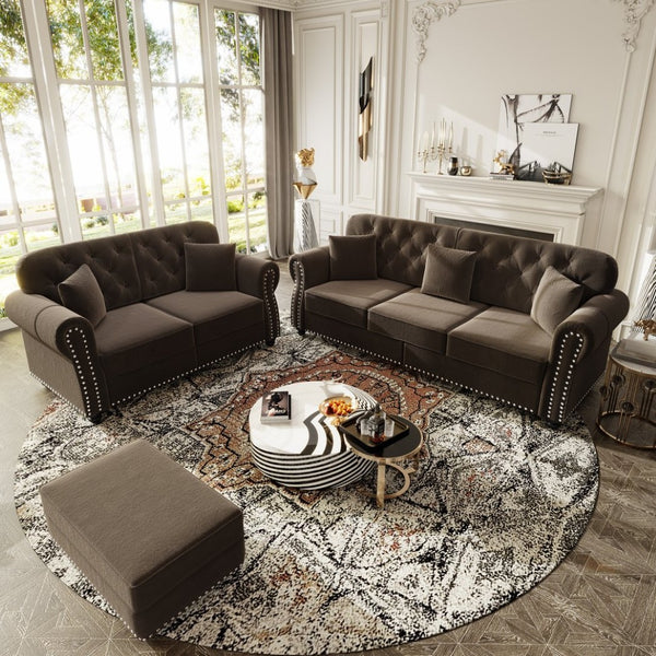 English Elm Upholstered Velvet Chesterfield Sofa with Button Tufting Nailhead Trim and Ottoman Brown W1885S00395