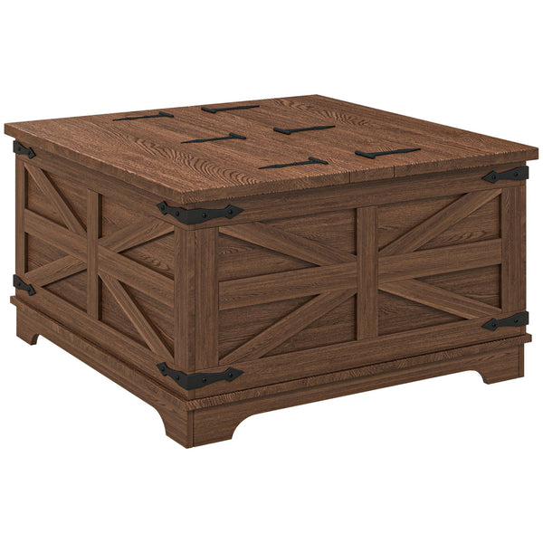 English Elm HOMCOM Farmhouse Coffee Table with Flip Lift Top and Hidden Storage, Square Center Table, Rustic Charm Brown W2225P217458