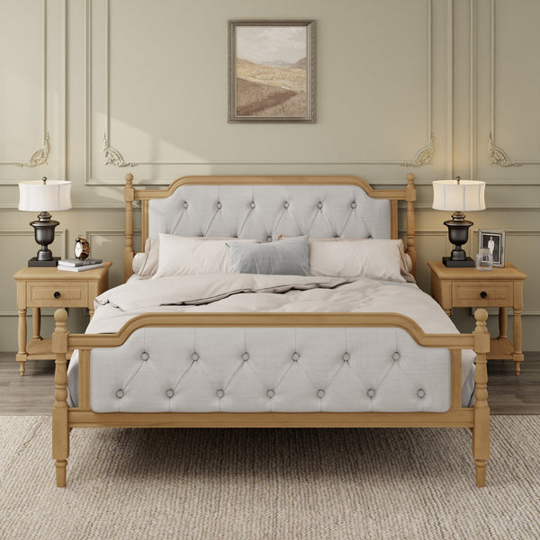 English Elm Traditional Solid Wood Bed Frame with Tufted Upholstered Headboard, No Box Spring Needed, Sturdy Support Walnut 83.1 L x 15.5 W x 5.1 H BS701P242647N