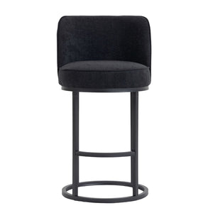 English Elm Counter Height Barstools Set of 2 Linen Upholstered Barrel Seat with Iron Legs Black W395P410438