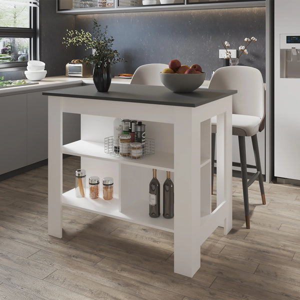 English Elm Gray Kitchen Island with Open Shelves and Gray-White Finish — Stylish Storage, Organized Counterspace for Modern Kitchens B062P252195