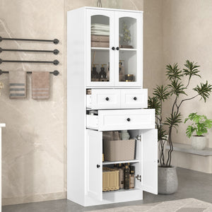 English Elm Tall Bathroom Storage Cabinet, Cabinet With Four Doors and Drawers, Adjustable Shelf, Mdf Board, White