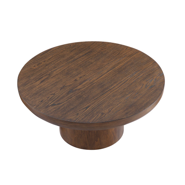 English Elm 35.98inch Round Coffee Table with Oak-Texture Legs and Thick Wood Veneer Top for Living Room Stylishly Low-Profile Modern Design Dark Brown W2582S00096