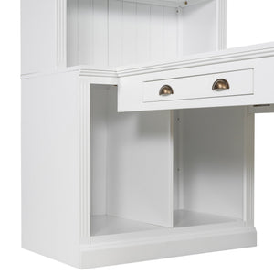 English Elm 83.4"Tall Bookshelf with Writing Desk White – Modern Solid Wood Workstation with LED, Drawer & Adjustable Shelf N751S280597K