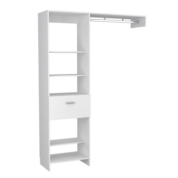 English Elm Hybrid Closet System with Five Open Shelves, Spacious Drawer & Metal Rod for Smart Vertical Storage White 83 L x 20 W x 4 H B128S00094