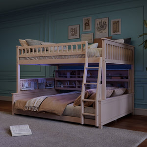 English Elm Full Xl Over Queen Bunk Bed Pinewood Frame with Led Lights Shelving Pegboard Beige LT000279AAA