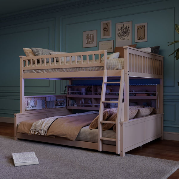 English Elm Full Xl Over Queen Bunk Bed Pinewood Frame with Led Lights Shelving Pegboard Beige LT000279AAA