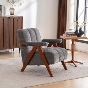 English Elm Mid-century Modern Chenille Lounge Chair Set Oak Frame Cloud Silhouette Living Room Gray W1170S00050