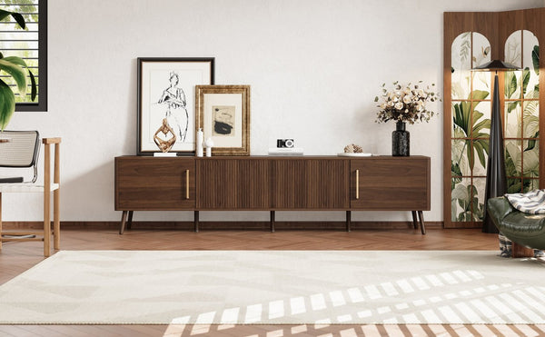 English Elm 78 Inch Walnut Entertainment Center Fluted Doors Solid Wood Legs for Living Room N710P372559P